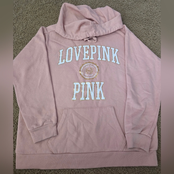 PINK Victoria's Secret Shiny Graphic Spellout Pullover Hoodie Oversized - Picture 1 of 4
